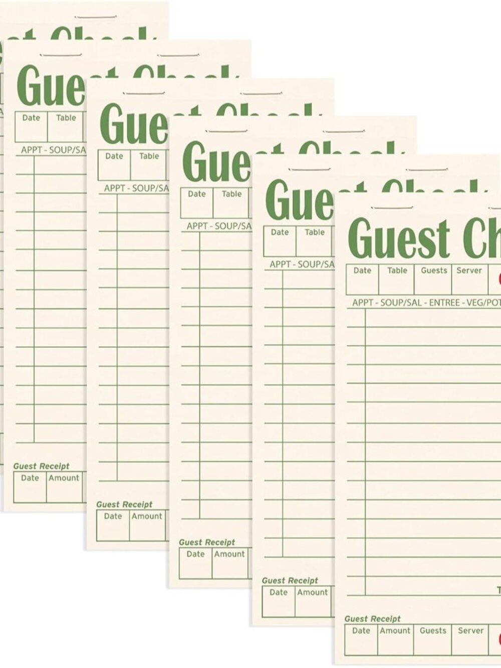 Guest Checks Books for Servers, Natural Color Paper, 6 Pack Green